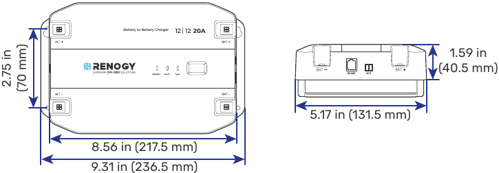Afmetingen - 20A DC-DC batterijlader
