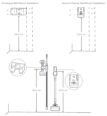 De wandhouder voor de stofzuiger en de wandhouder voor de accessoires installeren