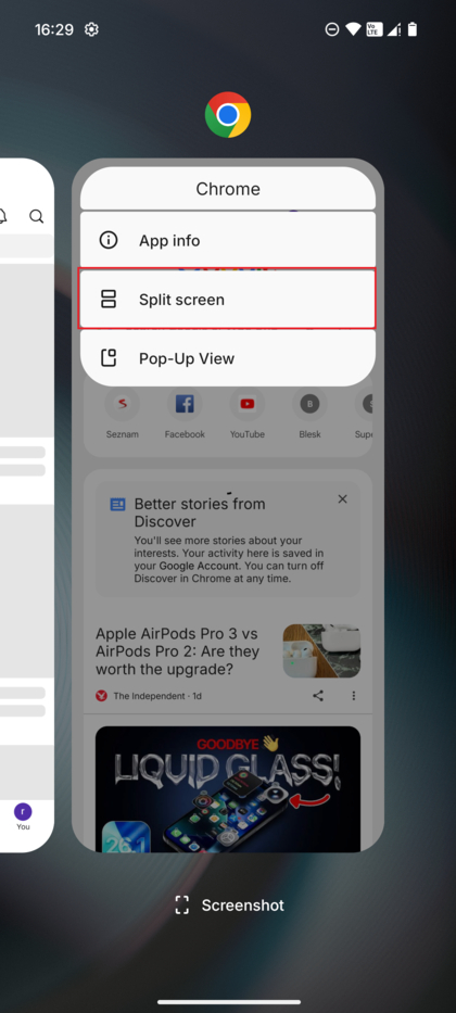 Een screenshot van het pop-upmenu dat verschijnt na het tikken op het app-icoon, met de optie 'Split screen'.