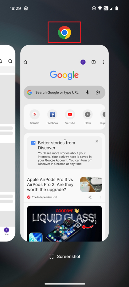 Een screenshot van het Recents-paneel met een pijl die wijst naar het pictogram van de applicatie boven de preview.