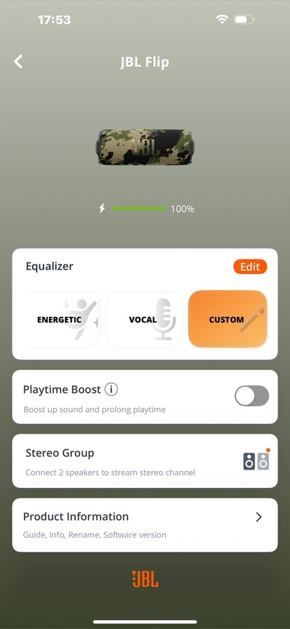 Interface van de JBL Portable app