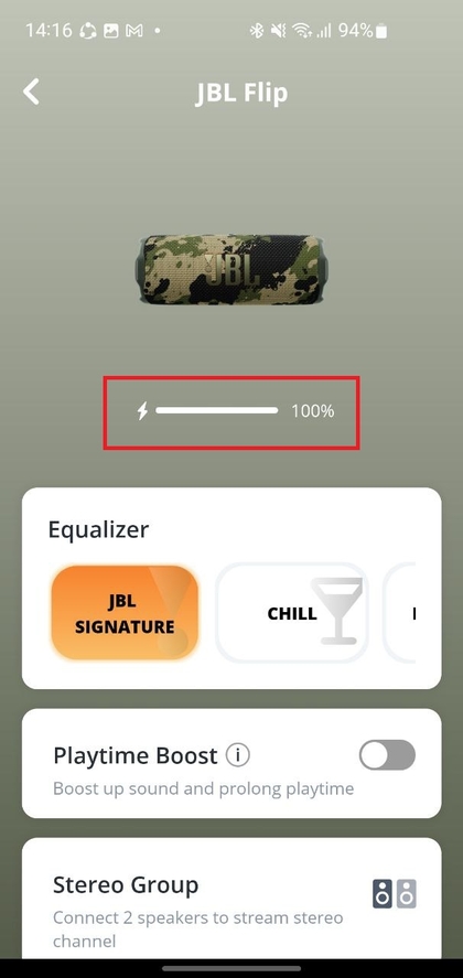 JBL Portable-app die het batterijniveau weergeeft