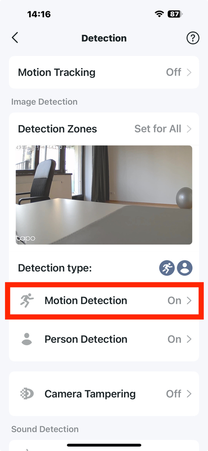 Instellingen voor bewegingsdetectie in de Tapo-app
