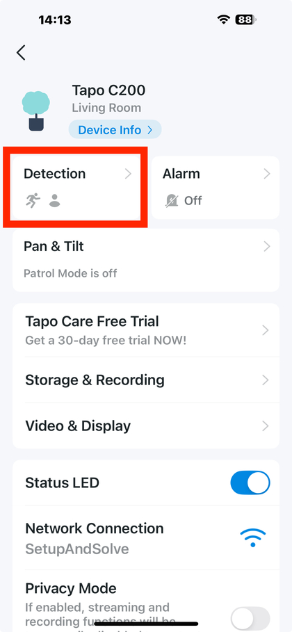 Instellingenmenu voor bewegingsdetectie in de Tapo-app