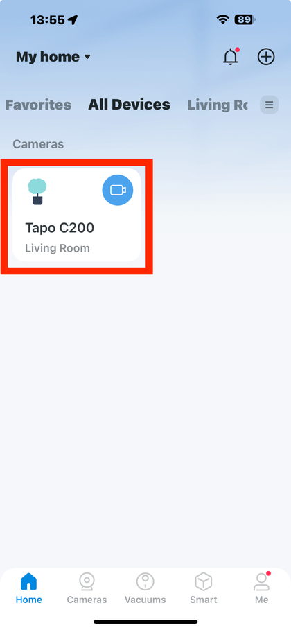 De TP-Link Tapo C200-camera selecteren in de app