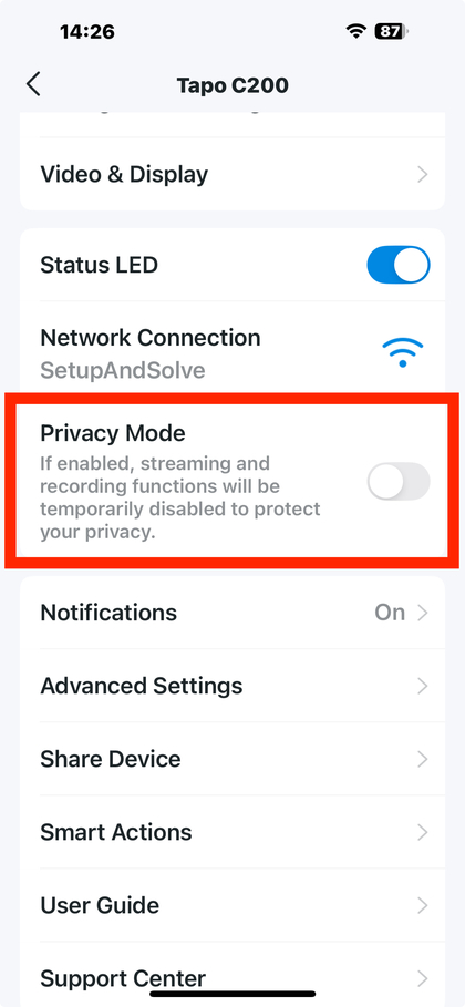 Privacy Mode deactiveren in de Tapo-app
