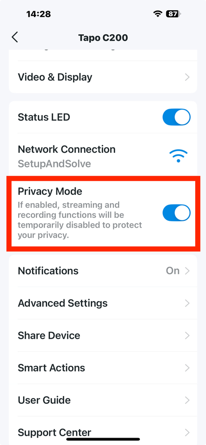 Privacy Mode in het instellingenmenu