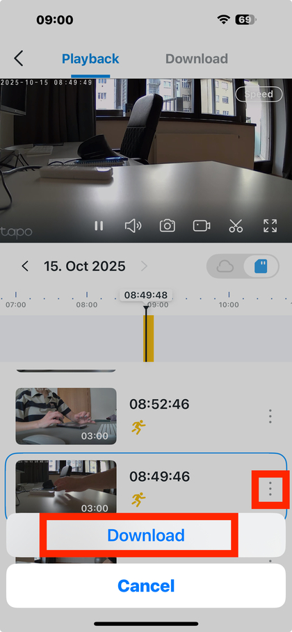 Een clip opslaan in de Tapo-app