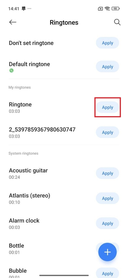 Geselecteerde ringtone toepassen