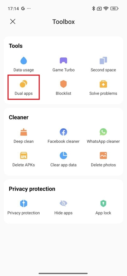 Dual Apps menu in Xiaomi Security app