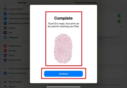 Bevestiging dat de vingerafdruk succesvol is toegevoegd op iPad