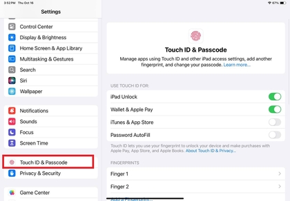 Touch ID en Wachtwoord instellingenscherm op iPad