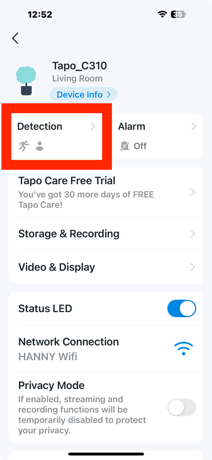 Detectie- en waarschuwingsmenu in de Tapo-app