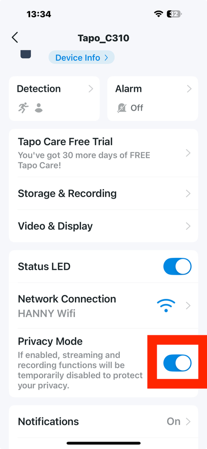 Privacymodus selecteren in de Tapo-app