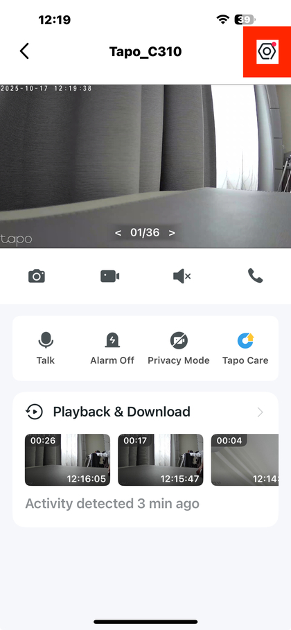 Toegang tot camera-instellingen in de Tapo-app