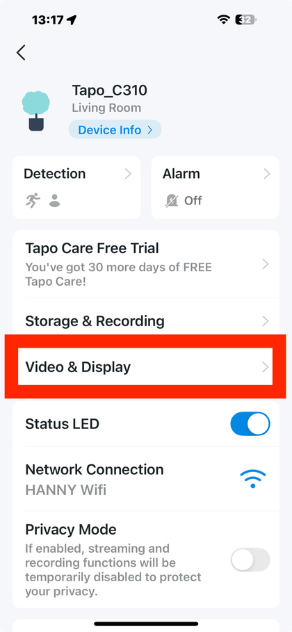 Video en Display optie in Tapo instellingen