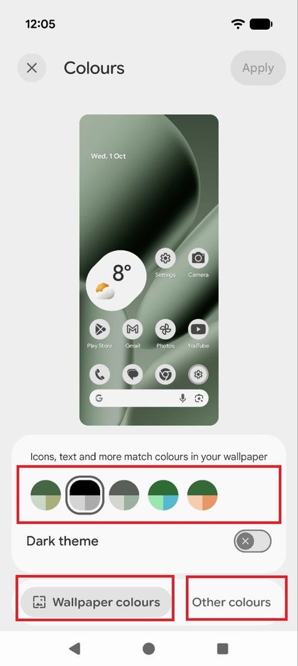 Screenshot van het Kleuropties-menu met verschillende paletkeuzes Achtergrondkleuren en een selectie van Andere kleuren.