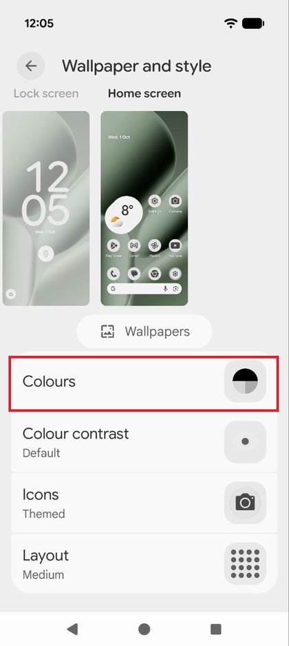 Screenshot van het Startscherm aanpassen-menu met de optie Kleuren gemarkeerd.