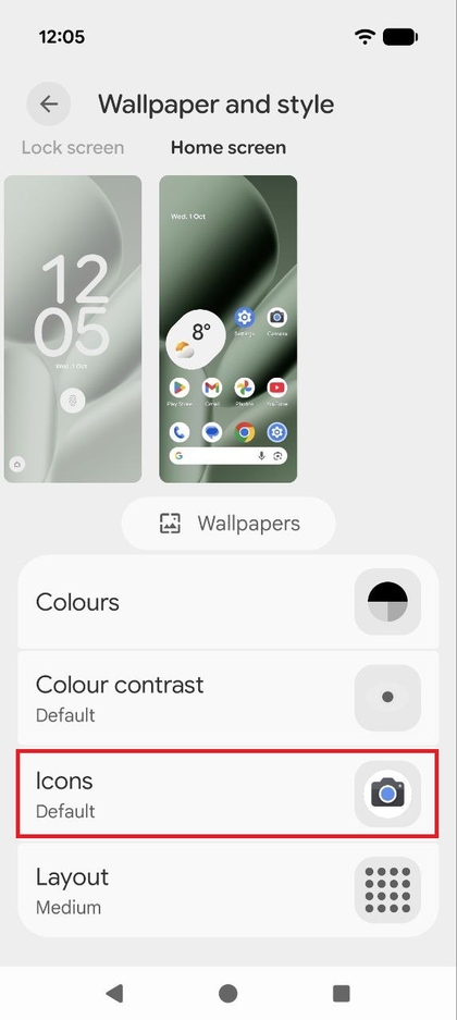 Screenshot van het Startscherm aanpassen-menu met de optie Iconen gemarkeerd.