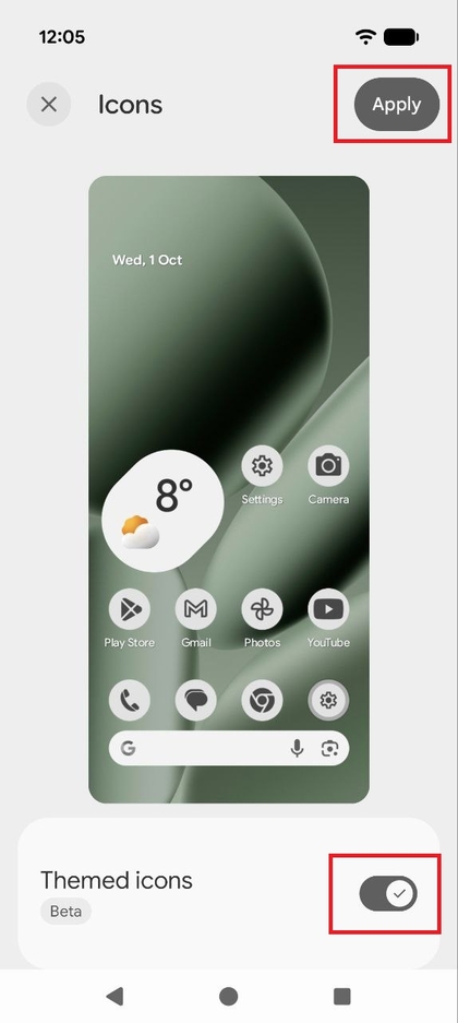 Screenshot van het Iconen-menu met de schakelaar Thema-iconen ingeschakeld en de knop Toepassen gemarkeerd.