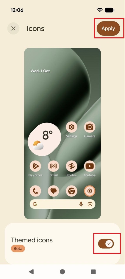 Screenshot van de optie Thema-iconen ingeschakeld met de knop Toepassen gemarkeerd, met de nieuwe kleur toegepast op de voorbeeldiconen.