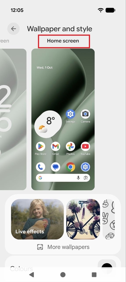 Screenshot van het Achtergrond & stijl-menu met de optie Startscherm gemarkeerd.