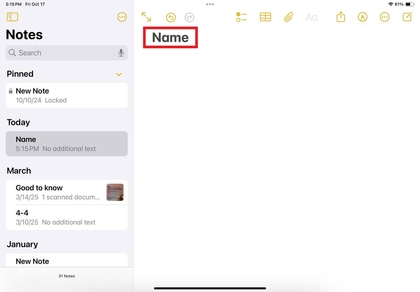 Een notitie een naam geven op iPad