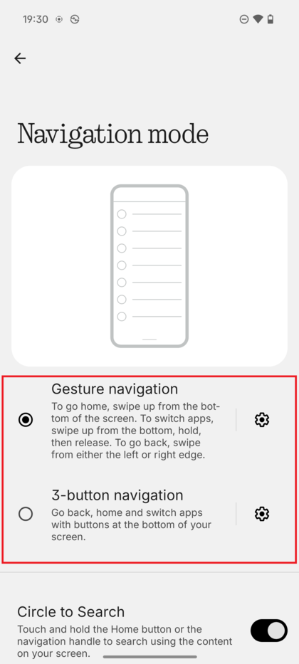 Nothing Phone (3) Navigatiemodus-scherm met de opties 'Gesture navigation' en 'Navigatie met 3 knoppen'.