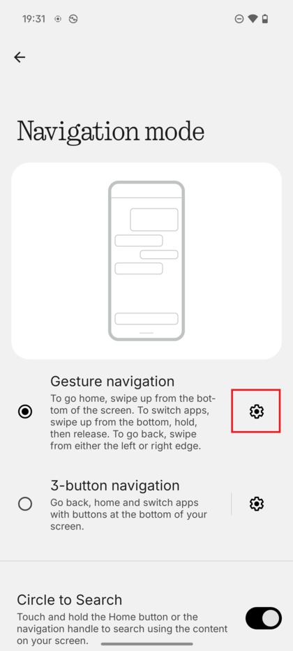 Nothing Phone (3) Navigatiemodus-scherm met het pictogram Instellingen naast 'Gesture navigation' gemarkeerd.