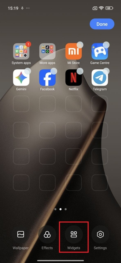 Optie voor toegang tot widgets op Xiaomi 15T