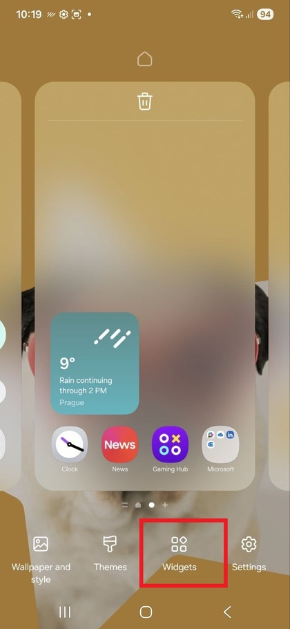 Toegang tot de Widgets optie in de bewerkingsmodus