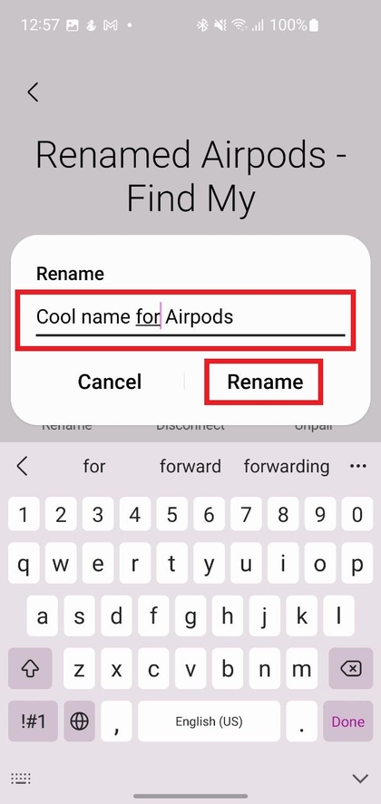 Bevestigingsbericht voor het hernoemen van AirPods