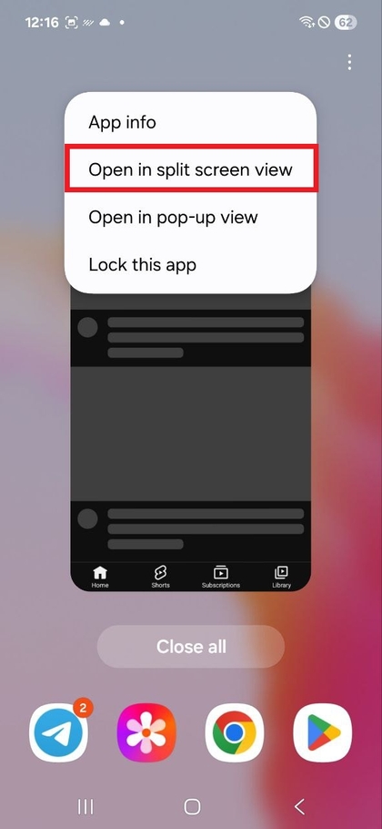 Optie om app te openen in gesplitst scherm