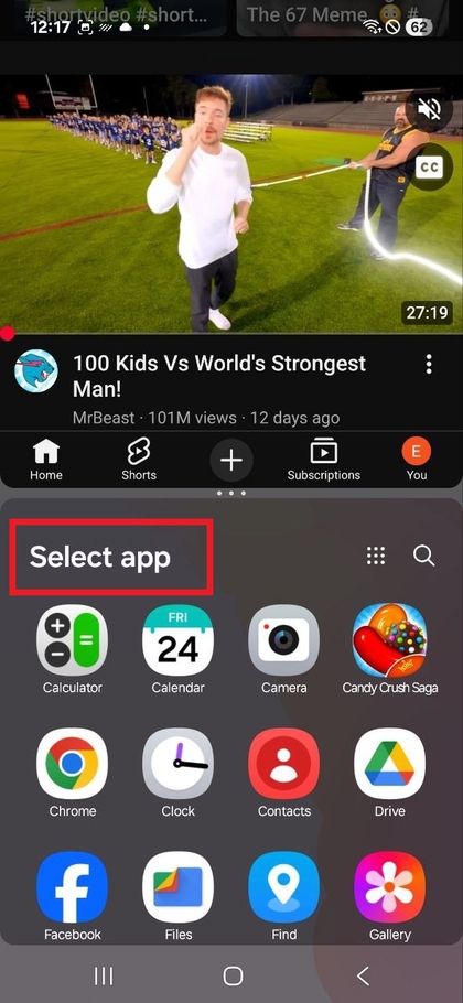Selectie van de tweede app voor gesplitst scherm