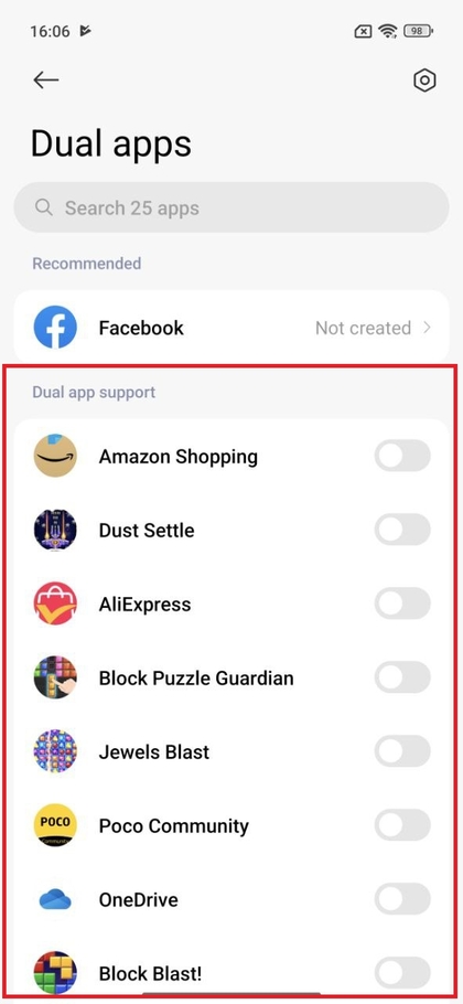 Lijst met apps die beschikbaar zijn om te klonen op POCO F7