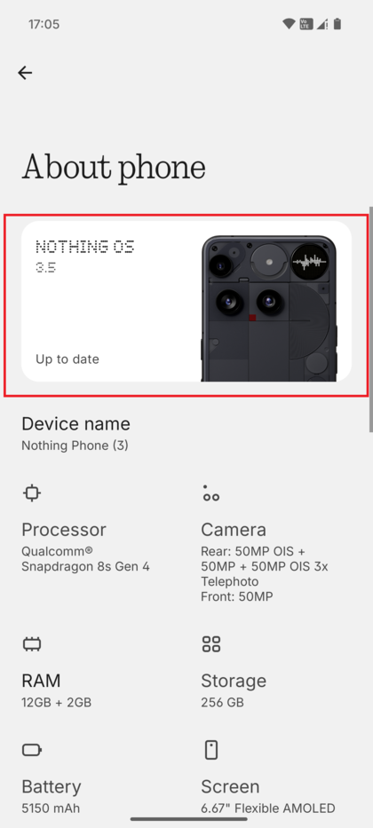 Screenshot van het scherm 'Over de telefoon' met de banner 'Nothing Phone (3)' gemarkeerd.