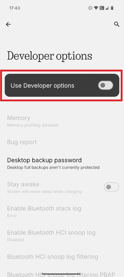 Screenshot van het menu Developer options met de hoofdschakelaar 'Use developer options' in de UIT-stand.