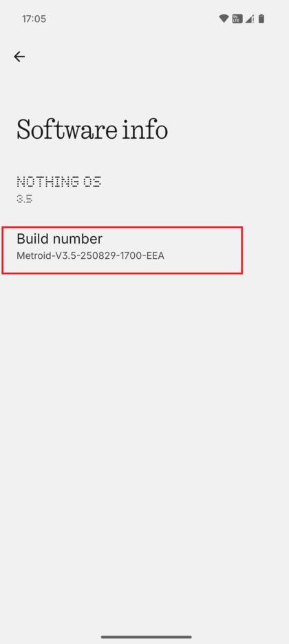 Screenshot van het apparaatinformatiescherm met Nothing OS-versie en buildnummer.