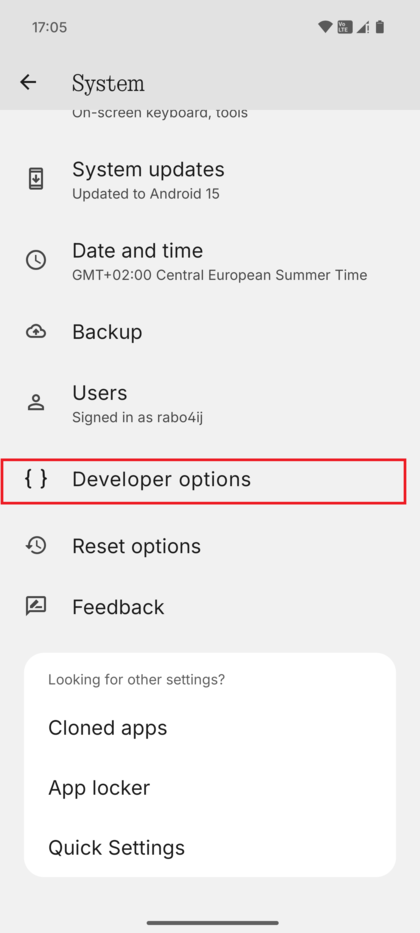 Screenshot van het menu Systeem met de nieuw onthulde vermelding 'Developer options'.
