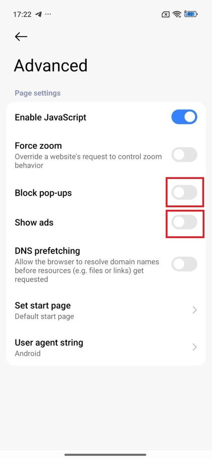 MI Browser geavanceerde instellingen