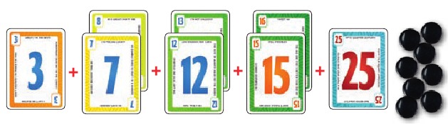 Kaarten 3,7,12,15,25 en acht chips