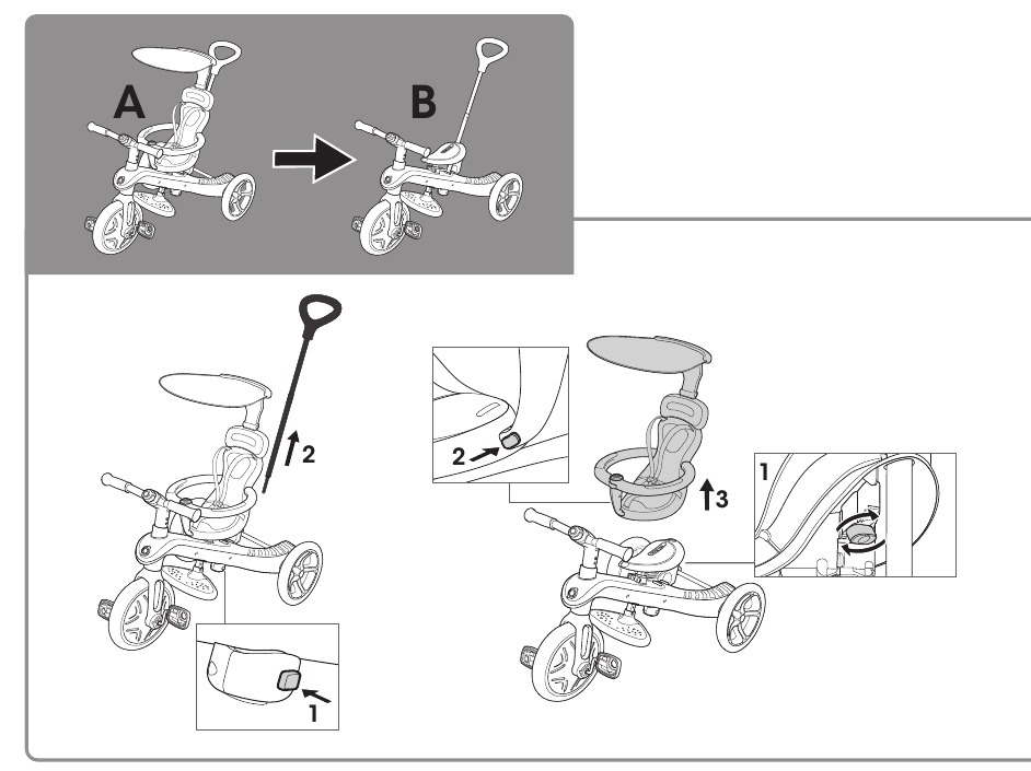 Transformeer Infant Trike naar Guided Trike - Stap 1
