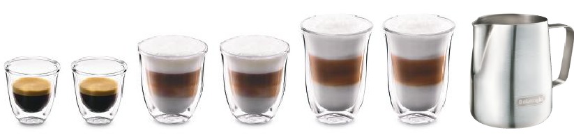 Espresso-, Cappuccino- en Latte-glazen en melkkan