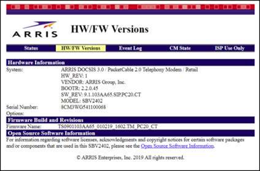 Scherm HW/FW-versies