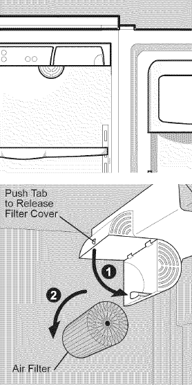 Een foto van het luchtfiltercompartiment in een koelkast met een pijl die de plastic bubbeltab aangeeft die wordt ingedrukt om het filter te verwijderen