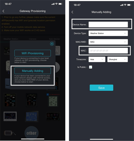 Handmatig toevoegen in de ecowitt-app - Stap 1
