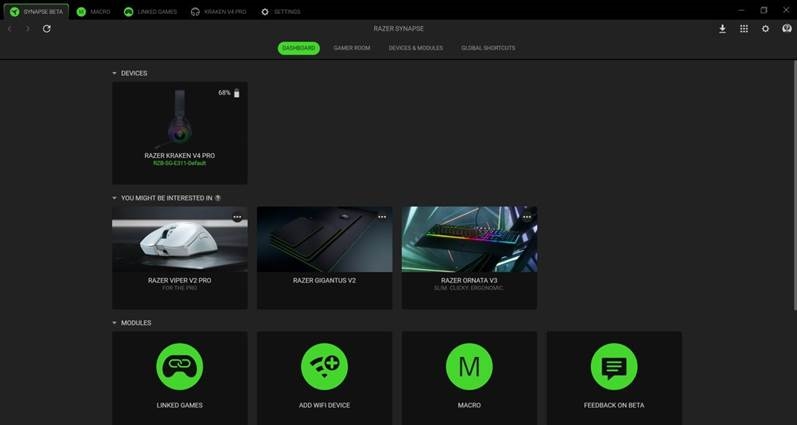 UW RAZER-HEADSET CONFIGUREREN - SYNAPSE - Dashboard