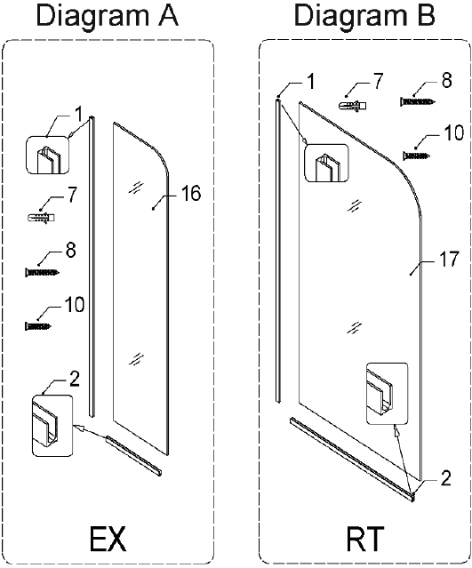 Gedetailleerd diagram van glaspaneelcomponenten