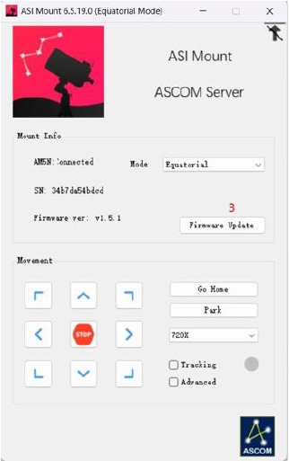Firmware-upgrade via ASCOM - Stap 2