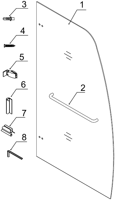 Gedetailleerd schema van baddeurcomponenten